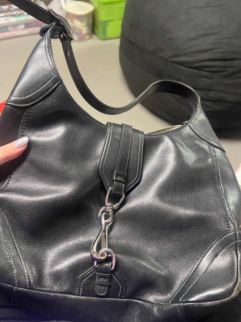 Black Coach Classic Leather Shoulder Bag with Silver Hardware & Zip Top